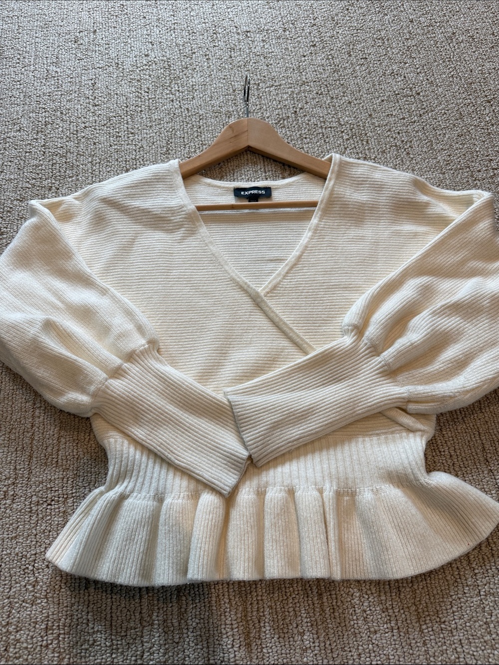 Express Ivory Wrap-Style V-Neck Peplum Sweater